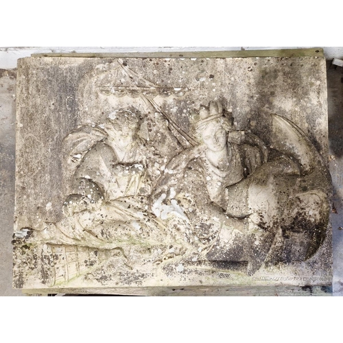 187 - Pair of Coade stone, moulded relief panels, titled “Agriculture” and “Navigation” based on designs b... 