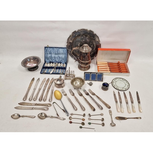 192 - Five various silver coffee spoons, a silver butter knife, a silver-plated on copper covered tankard ... 