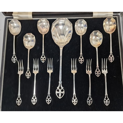 193 - Silver-plated flatware dessert set viz:- six forks, six spoons with shell bowl and matching serving ... 