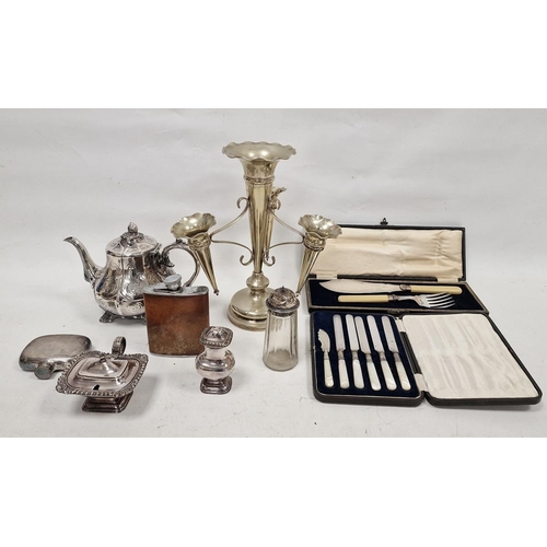 196 - Silver-plated four-section epergne, cream-handled fish servers, cased, a silver-plated teapot and ot... 