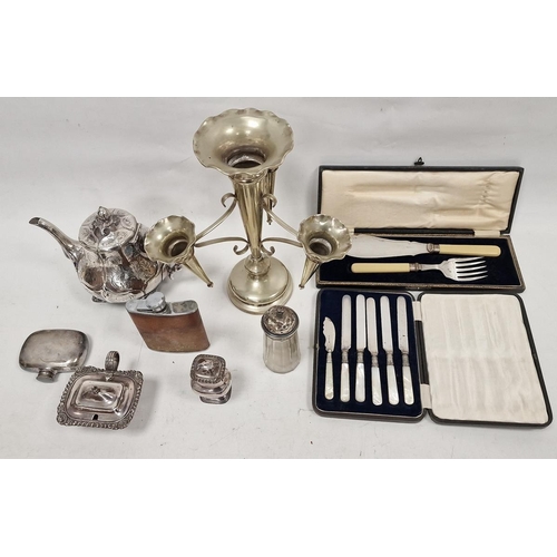 196 - Silver-plated four-section epergne, cream-handled fish servers, cased, a silver-plated teapot and ot... 