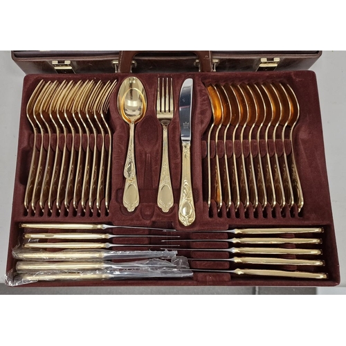 203 - Set of German gold-plated table flatware for 12 persons, Bestecke, with ornate handles, in case