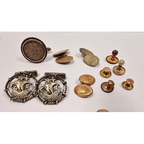 206 - Sundry gold single cufflinks and collar studs, and a pair of silver-coloured metal ship-pattern cuff... 