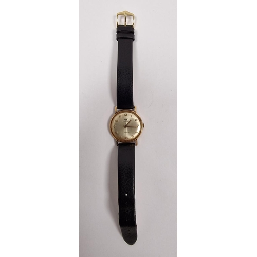 208 - Gent's Texina Incabloc 9ct gold wristwatch with inscription to reverse, on leather strap