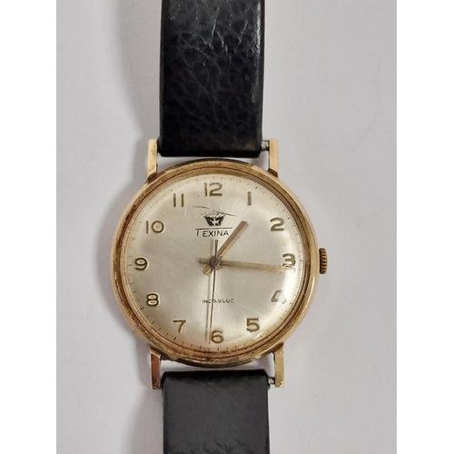 208 - Gent's Texina Incabloc 9ct gold wristwatch with inscription to reverse, on leather strap