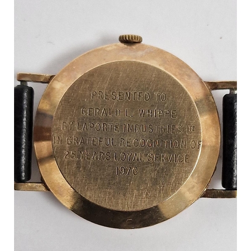 208 - Gent's Texina Incabloc 9ct gold wristwatch with inscription to reverse, on leather strap