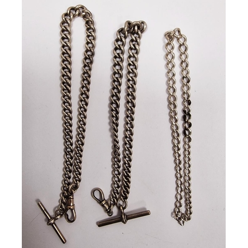 212 - Two silver graduated albert chains with T-bars, 89.7g approx., and another length of graduated curb ... 