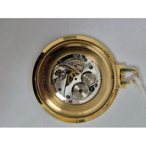 215 - Longines open-face gold-plated pocket watch, the gold coloured circular dial having raised gilt bato... 