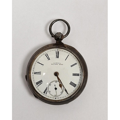 216 - Victorian silver pocket watch, Waltham, key winding with subsidiary seconds dial