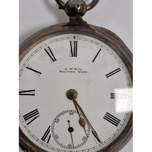 216 - Victorian silver pocket watch, Waltham, key winding with subsidiary seconds dial