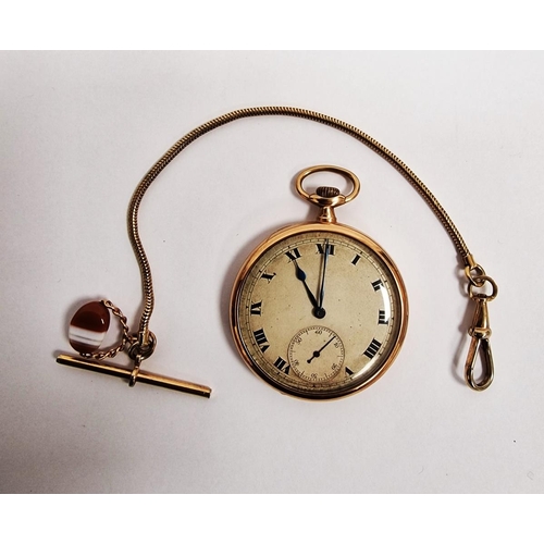 217 - 9ct gold pocket watch, button winding, with subsidiary seconds dial and a gilt albert chain with gol... 