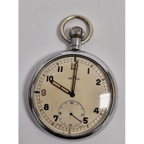 218 - Recta military white metal pocket watch, button winding with subsidiary seconds dial and another Jae... 