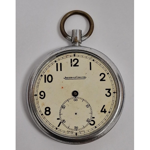 218 - Recta military white metal pocket watch, button winding with subsidiary seconds dial and another Jae... 