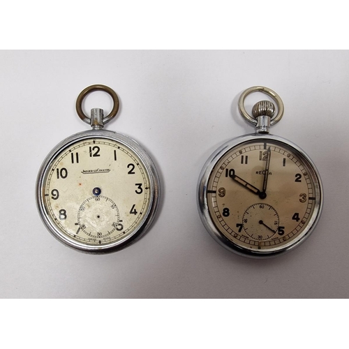 218 - Recta military white metal pocket watch, button winding with subsidiary seconds dial and another Jae... 