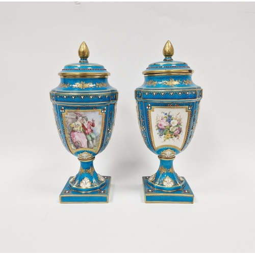 26 - Pair of late 19th century Sevres-style turquoise ground vases and covers, each with pine cone finial... 