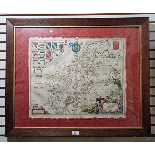 264 - Johannes Blaeu 
 Old engraved map of Northamptonshire, handcoloured and with large decorative cartou... 