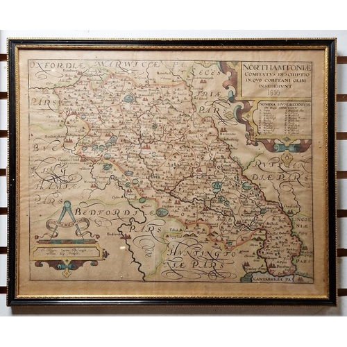 266 - Christopher Saxton & William Kip
 Engraved map of Northamptonshire
 Handcoloured, 31cm x 38cm
 Two s... 