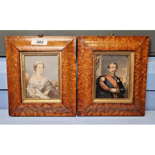 283 - Pair colour prints
 Half-length portrait of princess and her consort, 11cm x 8cm, in birds eye maple... 