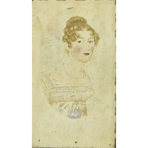 291 - Early 19th century English school
 Watercolour drawing 
 Head and shoulders portrait of a lady in na... 