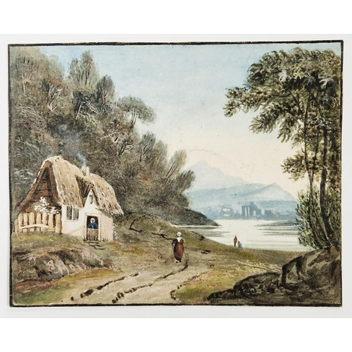 297 - 19th century school
 Watercolour
 Rural landscape with figures and cottage, village and mountains in... 