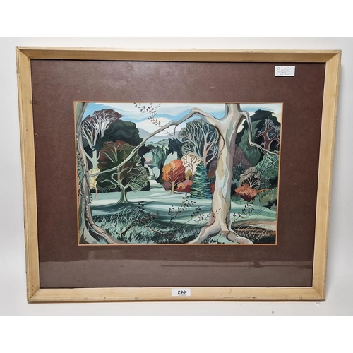 298 - L. Hunter (20th century school)
 Gouache
 View of parkland through trees, signed lower right, framed... 