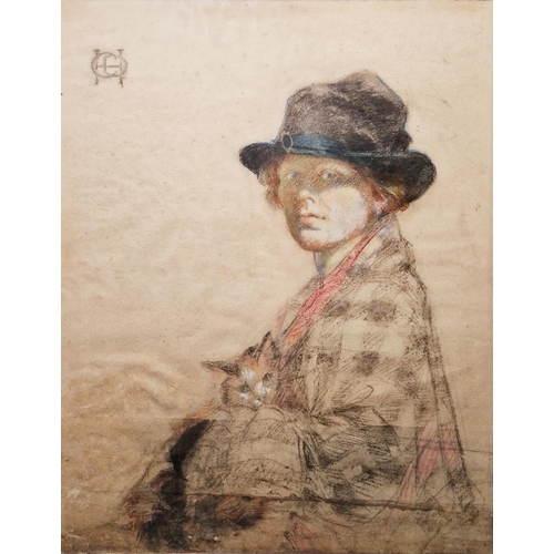 303 - Possibly Irish school (CDH?)
 Pastel and charcoal drawing 
 Half-length portrait of a woman with cat... 