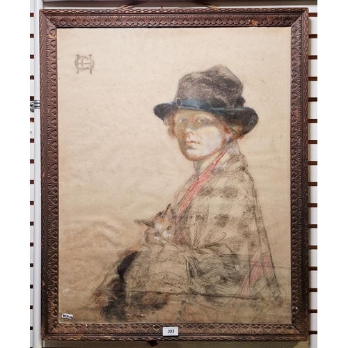 303 - Possibly Irish school (CDH?)
 Pastel and charcoal drawing 
 Half-length portrait of a woman with cat... 