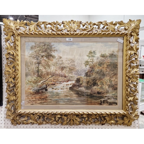 314 - G A Barr (19th century) 
 Watercolour drawing
 River landscape, signed and dated 1887, in ornate gil... 