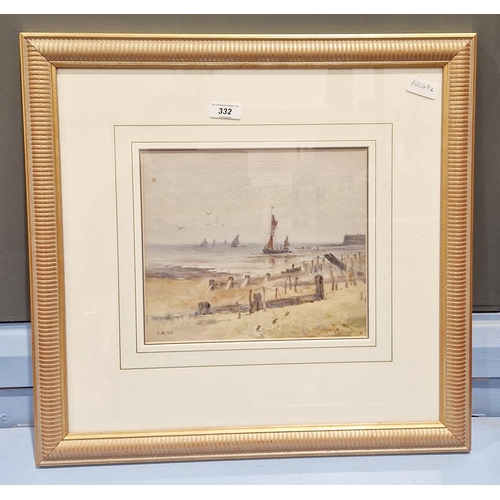 332 - LBW(?) 
 Watercolour drawing 
 Coastal scene with sailing vessels, beach in foreground, initialled, ... 