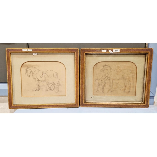 337 - FD(?)
 Pair pencil drawings 
 Studies of horses and foals, initialled and dated 1884 and 1887, 20.5c... 