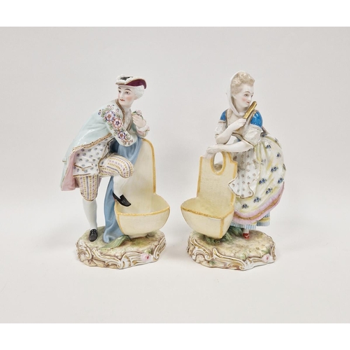 34 - Pair of 19th century French porcelain figures of a gallant and companion, each modelled leaning agai... 