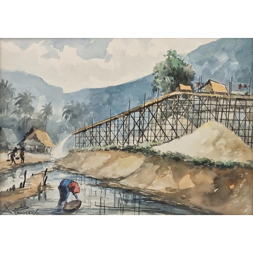 340 - A J Rahman (1922-1995)
 Pair of watercolour drawings
 Malaysian scenes with rice farmer beside build... 