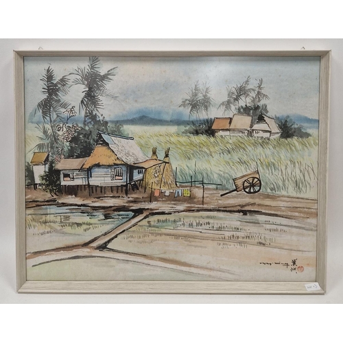 341 - Far Eastern school
 Watercolour drawing
 Shore scene with huts on stilts, signed indistinctly ... Wi... 