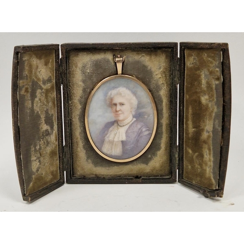 346 - Edwardian portrait miniature, watercolour on ivory, of an elderly woman wearing lace ruff and purple... 