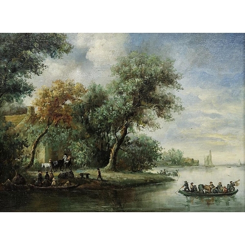 348 - 20th century school
 Oil on canvas
 Dutch-style waterside scene with figures, boats and horses in fo... 