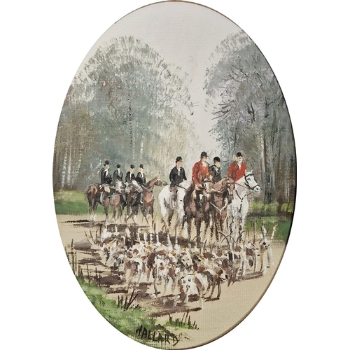 349 - Hallard 
 Set of four oils on board
 Hunting scenes, oval, 17cm x 12cm