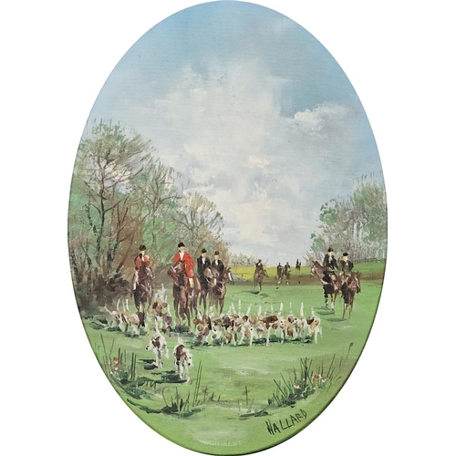 349 - Hallard 
 Set of four oils on board
 Hunting scenes, oval, 17cm x 12cm