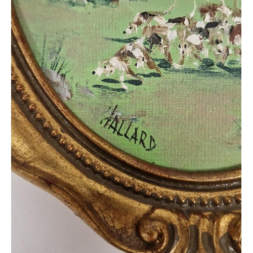 349 - Hallard 
 Set of four oils on board
 Hunting scenes, oval, 17cm x 12cm