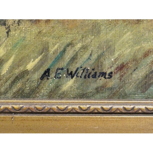 353 - A E Williams 
 Oil on board
 Moorland landscape, signed and labelled verso, 19.5cm x 36.5cm