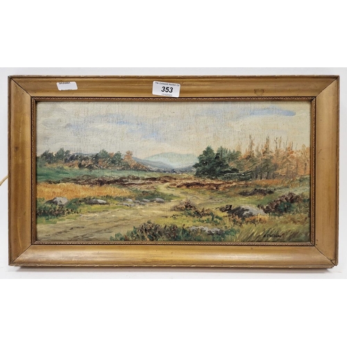 353 - A E Williams 
 Oil on board
 Moorland landscape, signed and labelled verso, 19.5cm x 36.5cm