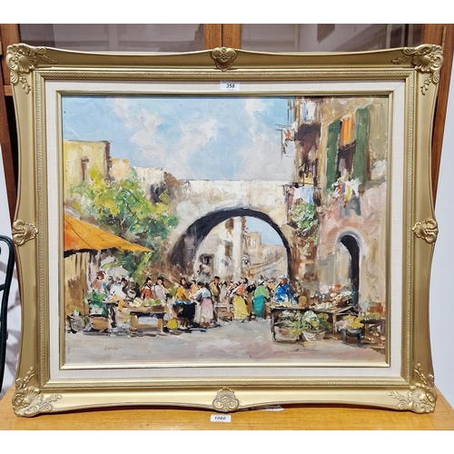 358 - Cordet 
 Oil on canvas board
 Busy continental market scene with figures, signed lower left, 50cm x ... 