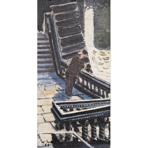 359 - Carl Chuck?? (20th century school)
 Oil on canvas
 Man leaning on railing in stairwell, indistinctly... 