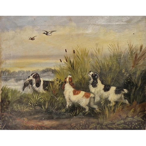 361 - Late 19th/early 20th century school
 Oil on canvas
 Lakeside scene with gun dogs, one retrieving a d... 