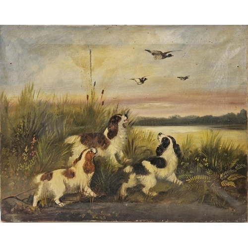 361 - Late 19th/early 20th century school
 Oil on canvas
 Lakeside scene with gun dogs, one retrieving a d... 