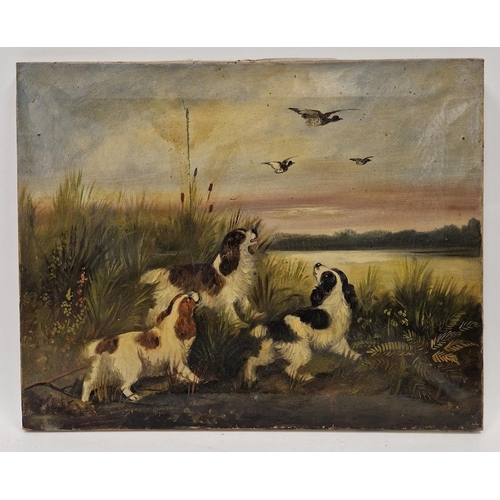 361 - Late 19th/early 20th century school
 Oil on canvas
 Lakeside scene with gun dogs, one retrieving a d... 