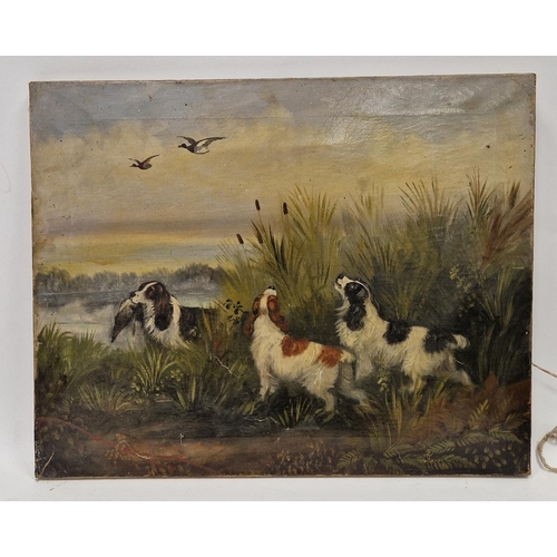 361 - Late 19th/early 20th century school
 Oil on canvas
 Lakeside scene with gun dogs, one retrieving a d... 