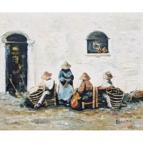 362 - M J Carrasco(?) 
 Oil on canvas 
 Continental scene with figures, basket making, signed lower right,... 