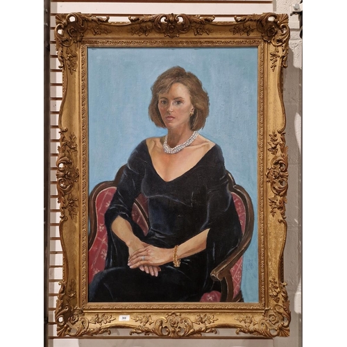 366 - Desmond Haughton 
 Oil on canvas
 Half-length portrait of a lady in pearl necklace, 89cm x 59cm