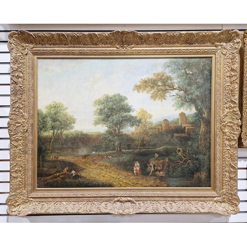 367 - 18th century style, after Lambert (c. 1900) 
 Oil on canvas
 Rustic lakeside landscape with building... 