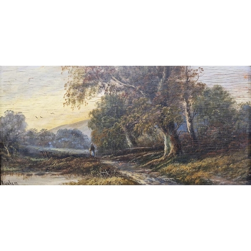 373 - H Graham 
 Pair oils on canvas 
 Autumnal woodland lakeside scenes with female figure and sheep, sig... 